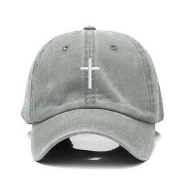 Syrios Gifts Gray Cross Embroidered Christian Baseball Cap, Washed, Adjustable Hat, Jesus