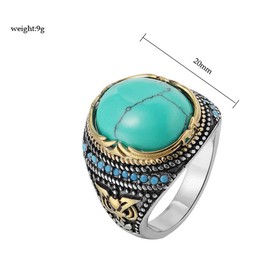 HIJONES Men's Retro Royal Oval Turquoise Stone Wedding Ring Stainless Steel, Stainless Steel, Cubic Zirconia