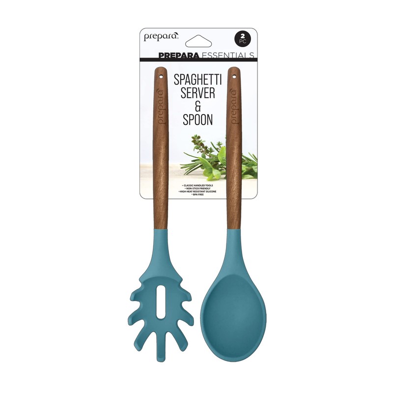 Prepara Acacia and Silicone Spaghetti and Solid Spoon set, Steel