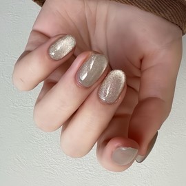 THCEVRLA Nail Tips - Handmade Nail Tips, Short Cut, Cat Eye Magnet, Stylish Nail Gelling Nail Tip, Tool Kit Included, 24 Pieces (02 Champagne Colors)