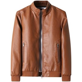 PEGENO Men's Stand Collar Leather Jacket Lightweight Faux Leather Motorcycle Jacket,Yellow,Small