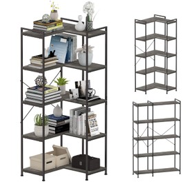 Tohomeor Bookshelf 5 Tier Deformable Corner Bookcase Free Standing Modern Industrial Book Storage Display Book Shelf for Bedroom Living Room Study Room Office (Dark Grey)
