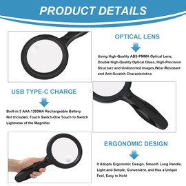 Lupe mit Licht, Wbbrbbr 60X 30X Handlupe Leselupe mit 33 LED Licht, USB-Aufladung Lupe 3 Modi Vergrößerungsglas, Hohe Klarheit & Leichtgewicht für Senioren, Kinder, Juwelier, Hobbies(Schwarz)