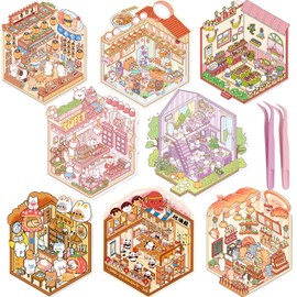 8 Set DIY 3D House Sticker Scene, Cute Cartoon Miniature Scene Stickers，Fun DIY Isometric Stickers for Adults and Child, Crafts Party Favors Goodie Bags Stuffer