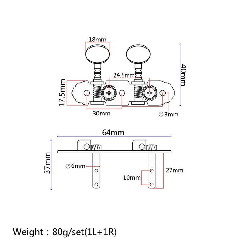 Alnicov 2R2L Tuning Pegs for Ukulele 4 String Guitar Chrome