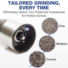 Eparé Salt or Pepper Grinder Mill Electric – Battery Operated Stainless Steel Mill with LED Light, Adjustable Ceramic Core, and One-Hand Push Button for Effortless Seasoning and Cooking