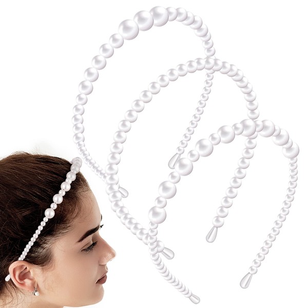 Pack of 3 Headbands with Pearls, Women's Pearl Headbands, White Headband, Bridal Hair Accessories for Women, Solid Pearls Headpiece, Hair Bands for Girls, Wedding, Birthday, Valentine's Day, 3 Styles