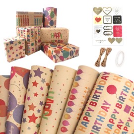 Niviy Wrapping Paper Birthday Sheets (70 x 50cm) - 6 Pack Brown Kraft Gift Wrapping Paper, Eco & Recyclable Present Wrap Paper Set with Sticker for Kids, Boys, Girls, Baby, Female, Men