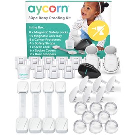 AYCORN® 30-Piece Baby Safety Kit 30 Pack - Newborn Essentials - Cupboard Locks, Socket Covers, Corner Protectors, Safety Straps, Oven Lock, Door Lock, Door Stopper & Keys – Essential Baby Proofing