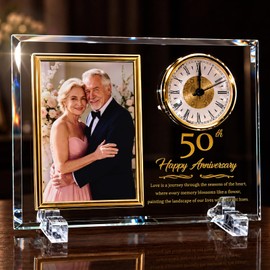 Dxaeqr 50th Wedding Anniversary Keepsake for Couples, Crystal Glass Photo Frame Clock, Golden Anniversary Present for Parents Grandparents Wife Husband, Holds 4x6 Photo