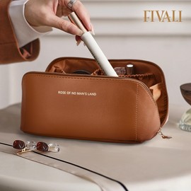 Travel Makeup Bag, Large Capacity Cosmetic Bags for Women, Waterproof Portable Pouch Open Flat Toiletry Bag, Make up Organizer with Divider and Handle (Brown)