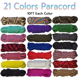 21 Colors Paracord (10FT Each Color), 550lb Parachute Cord Combo Kit for Crafting Bracelets, Lanyards, Dog Collars (21 Colors MixedA, 10FT)