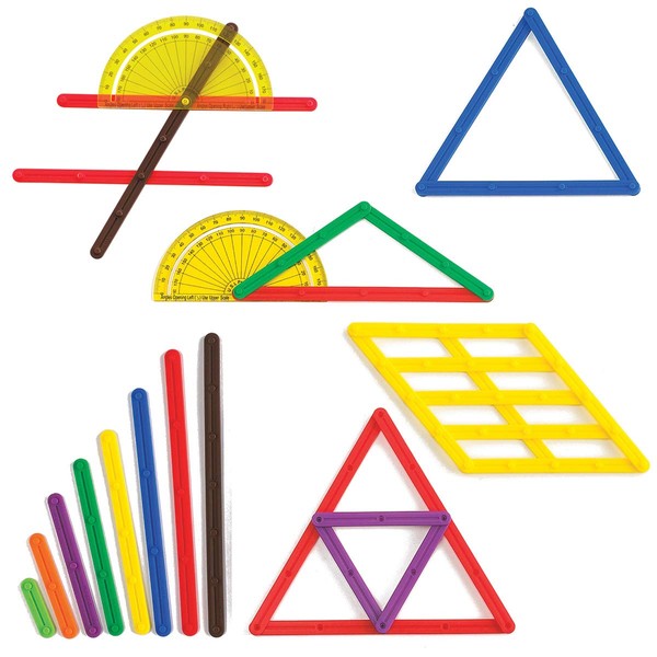 LEARNING ADVANTAGE GeoStix Basic Set - 80 Construction Sticks - 24 Activity Cards - 2 Protractors - Build 2D Shapes and Measure Angles - Teach Geometry with Construction