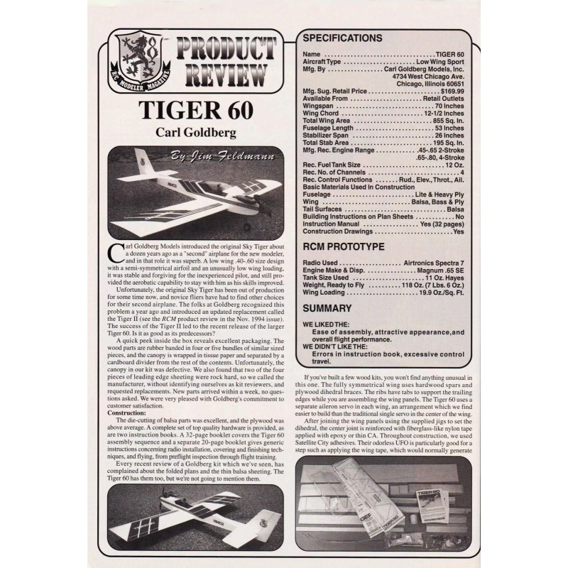 Carl Goldberg Model Airplane Plans (RC): TIGER 60 70" Wingspan