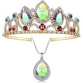 [HUQIDAO] Rapunzel Tiara Princess Crown and Necklace Crown Hair Ornament Inspired on the Tower Girl Aurora Stone Sparkle Gold Crown Nice Gift for Girls Birthday