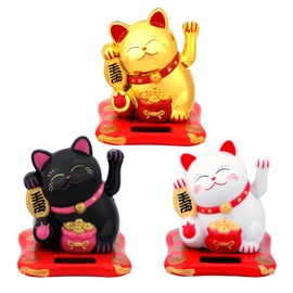 IBWell Small Lucky Cat Waving Arm Chinese Lucky Cat Statue for Home Office Car Decor Solar Energy Powered Chinese Feng Shui Cat Beckoning Cat - 3 in 1