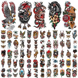 77 Sheets Classic Temporary Tattoo, Old School Animal Temporary Tattoos Wolf Snake Bear Fox Horse Owl Leopard Crow Eagle for Men Women Girls, Traditional Half Arm Fake Tattoos for Adults Arm Neck