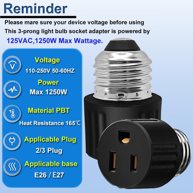 Light Socket to Plug Adapter, Convert Light Bulb Socket to