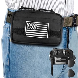 MOZETO Belt Pouches for Men, Water Resistant Small Belt Bag with USA Flag Patch, Pocket Organizer Storage EDC Gear for Work, Travel, Hiking (Dark Black)