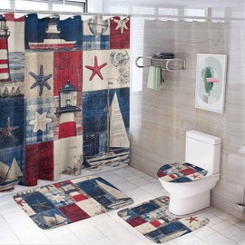 HDESDIS 4Pcs Abstract Sea Lighthouse Shower Curtain Sets with Rugs, Toilet Lid Cover and Bath Mat, Coastal Starfish Nautical Sailboat Bathroom Shower Curtains Set with 12 Hooks