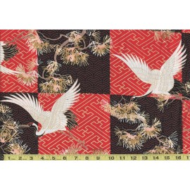Naka Cranes & Pines Checkerboard - N-1750-3B - Red & Black - By the Half Yard