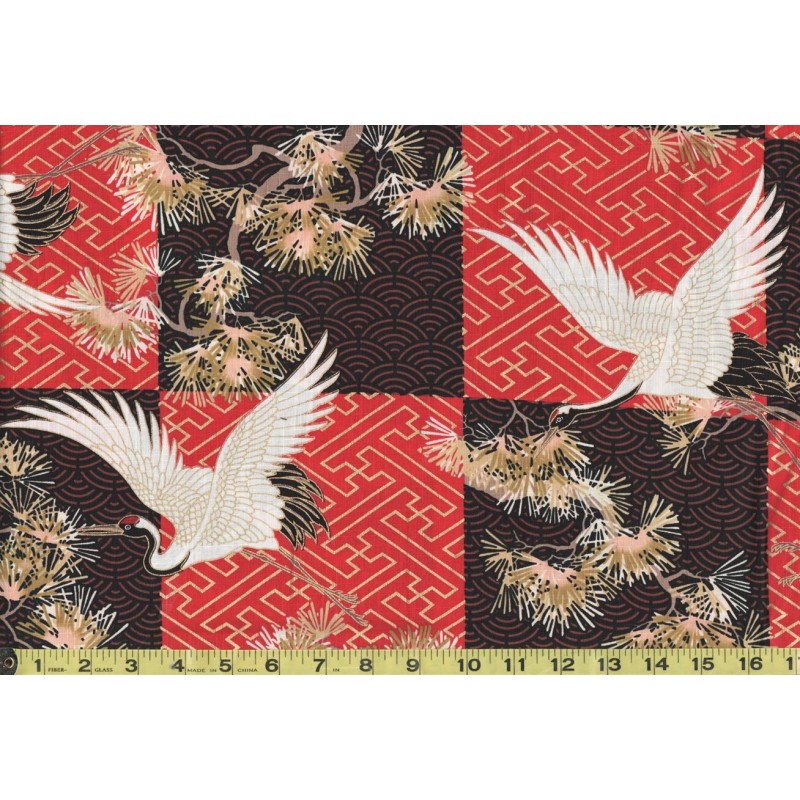 Naka Cranes & Pines Checkerboard - N-1750-3B - Red &
