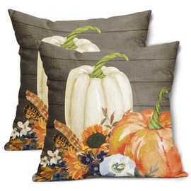 Kawani White Orange Pumpkin Fall Pillow Covers 18X18 Inch Sunflower Leaf Wood Decorative Couch Pillow Cases Set of 2 Autumn Thanksgiving Throw Pillows Home Decor for Room Porch Patio Couch Outdoor