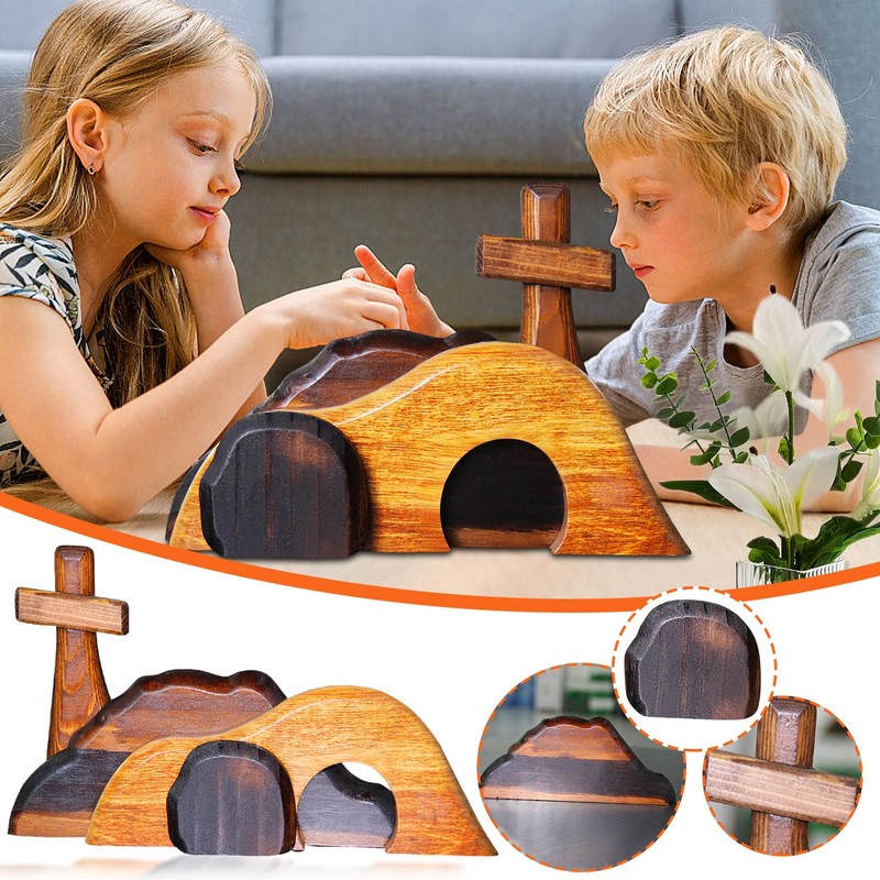 Easter Empty Tomb Scene with Cross Decor Statue Wooden Nativity