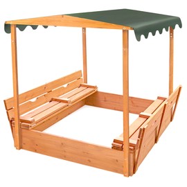 Badger Basket Cedar Sandbox for Kids with Canopy & Benches - Outdoor Convertible Wooden Sandbox with Lid, UV Shade & Built-In Seating - Backyard Playset (46.5 x 46.5 x 57)
