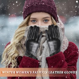yotutun Women's Winter Leather Gloves, Winter Gloves with Touchscreen Lined, Warm Cycling Gloves with Plush Lining, Waterproof, Elegant Gloves for Outdoor Sports, black