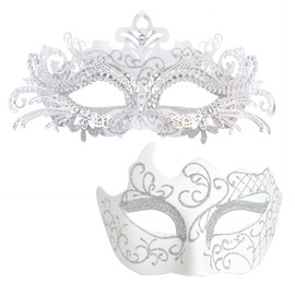 MYSEUNI White Masquerade Mask for Couples - Shiny Rhinestone Filigree Metal Venetian Mask & Mens Vintage Venetian Mask for Wedding Evening Prom Mardi Gras Masquerade Ball, White, One size fits most