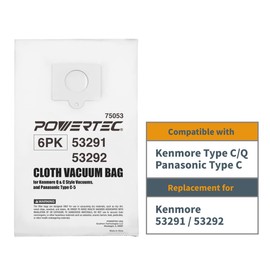 POWERTEC 5055, 50557, 50558 Vacuum Bags for Kenmore 6PK, 53291/53292 for Kenmore & Panasonic Style C, Style Q, Type C-5, C-18, C-19 Models, Replacement Canister Vacuum Cleaner Bags (75053)