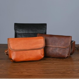 NICE SELECTION Men's Mini Shoulder Bag, Smartphone Shoulder Bag, Genuine Leather, Solid, Small, Thin, Compact, Simple, 2-way, 3-Way, orange