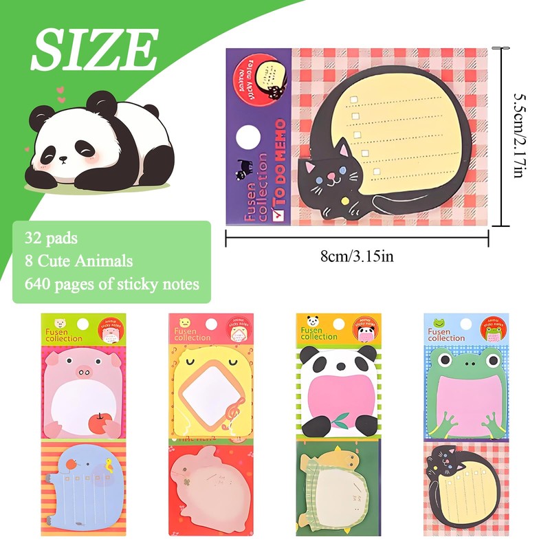 GGTTNRT 32 Pack Sticky Notes Cute Animal Sticky Notes 8