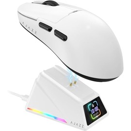 A.JAZZ AJ159APEX 8Khz Ratón Inalámbrico para Juegos Ultra Liviano de 56g con Base de Carga Magnética con Pantalla, Sensor PAW3950 42000DPI, Triple Modo BT/2.4Ghz/Type-C con Cable, Programable (Blanco)