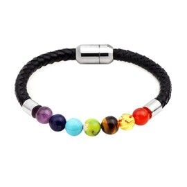 KunBead Jewelry Chakra Healing Crystal Beads Bracelets Black Braided Mens Leather Bracelet for Women