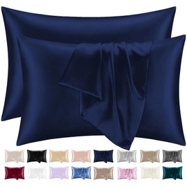 Lazzaro Home Satin Silk Pillowcases For Hair And Skin 2 Pack Pillow Cases with Envelope Closure Pillowcase Size 50 x 75 cm (Navy, 2pcs Pillowcases (50x75cm))