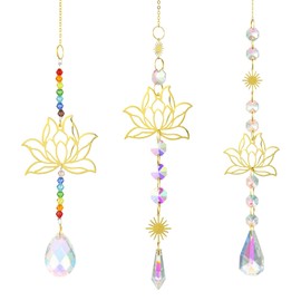 Stiesy 3 Pcs Brass Lotus Suncatchers with AB Crystal Glass Beads Sparkling Prism Sun Catcher Hanging Ornaments for Home Window Garden and Rearview Mirror Decor