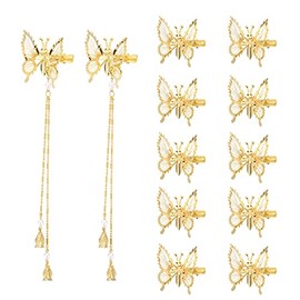 3D Fluttering Butterfly Hair Clips 12 Pieces Gold Alloy Hair Clips (2 Tassels + 10 Basic) Wedding Party Headpiece Hair Accessories for Women and Girls