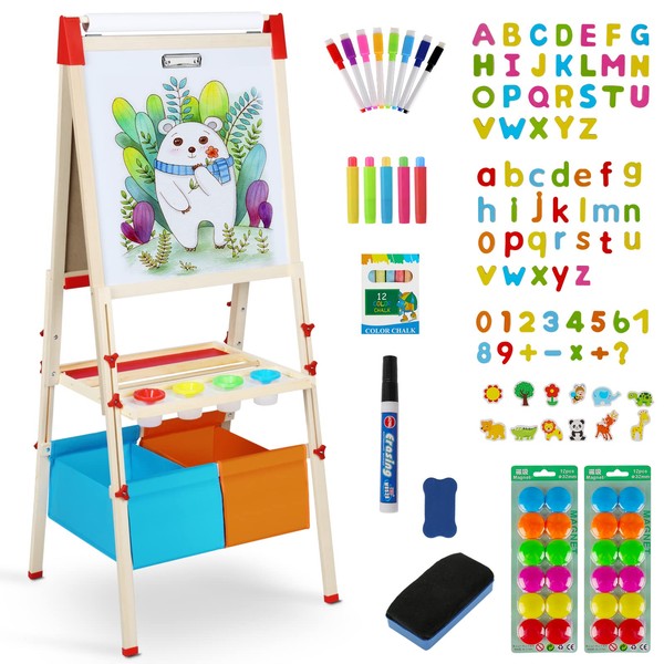 RenFox Easel for Kids, Adjustable Standing Kids Art Easel, 140+ Accessories Double Sided Magnetic Dry Erase Whiteboard & Chalkboard With Paper Roll, Perfect Painting Gift for Kids Ages 2-4 4-8 9-12