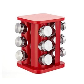 Stainless Steel Revolving 12-Jar Countertop Spice Rack Organizer, Square Seasoning Storage Organization Tower for Kitchen (Red)