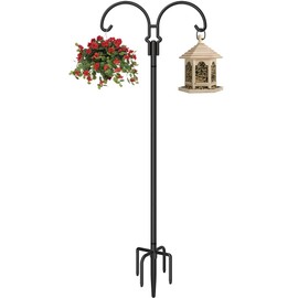 AnBaiMei Outdoor Double Shepherds Hook with 5 Prong Base, 92 Inch Adjustable Heavy Duty Two Sided Bird Feeder Pole Stand for Hanging Plant Baskets, Solar Light Lanterns, Hummingbird Feeder, 1 Pack