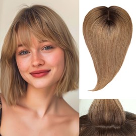 starluck Hair Toppers for Women, Real Human Hair 130% Density, Silk Base Three Clips in Topper, Hair Loss Cover with Bangs, Hair Extensions for Thinning Hair, Ombre Ash Blonde(14inch)