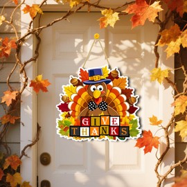 Thanksgiving Door Signs Wooden Turkey Wreath for Front Door Rustic Wall Plaque Give Thanks Decoration Hanging for Fall Autumn Harvest Home Yard Farmhouse Office Outdoor