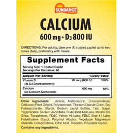 Sundance Calcium 600mg with D3 | 60 Caplets | Vegetarian, Non-GMO, and Gluten Free Supplement