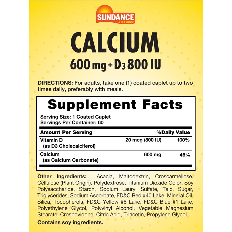 Sundance Calcium 600mg with D3 | 60 Caplets | Vegetarian,