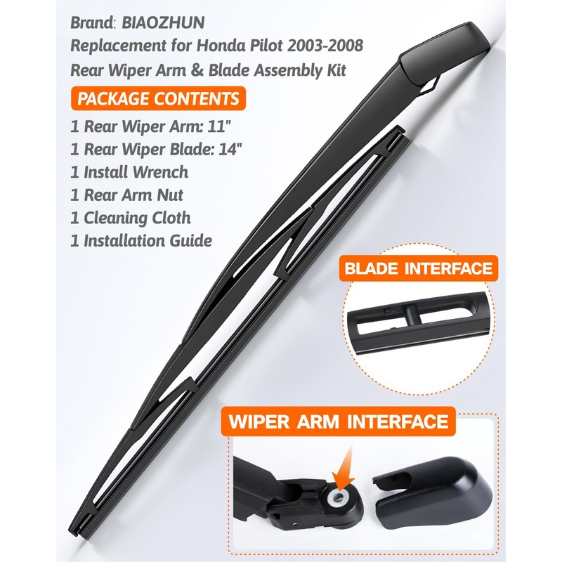 Rear Wiper Arm Blade Assembly, Replacement for Honda Pilot 2003–2008
