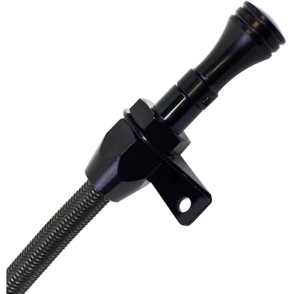 Firewall mounted transmission stainless steel oil dipstick with black housing