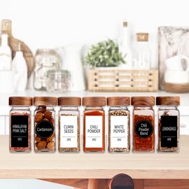 Churboro 24 Spice Jars with 547 Labels - Glass Spice Jars with Shaker Lids - 4 Oz Square Spice Containers with Acacia Wood Lids, Chalk Pen, Funnel- Seasoning Jars for Spice Rack, Cabinet, or Drawer