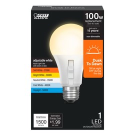 Feit Electric LED Dusk to Dawn Light Bulb, A21 100W Equivalent, 5CCT, Non-Dimmable, E26 Medium Base, 90 CRI, 1500 Lumens, Adjustable White, 15 Years Lifetime, OM100/5CCTCA/DD/LEDI
